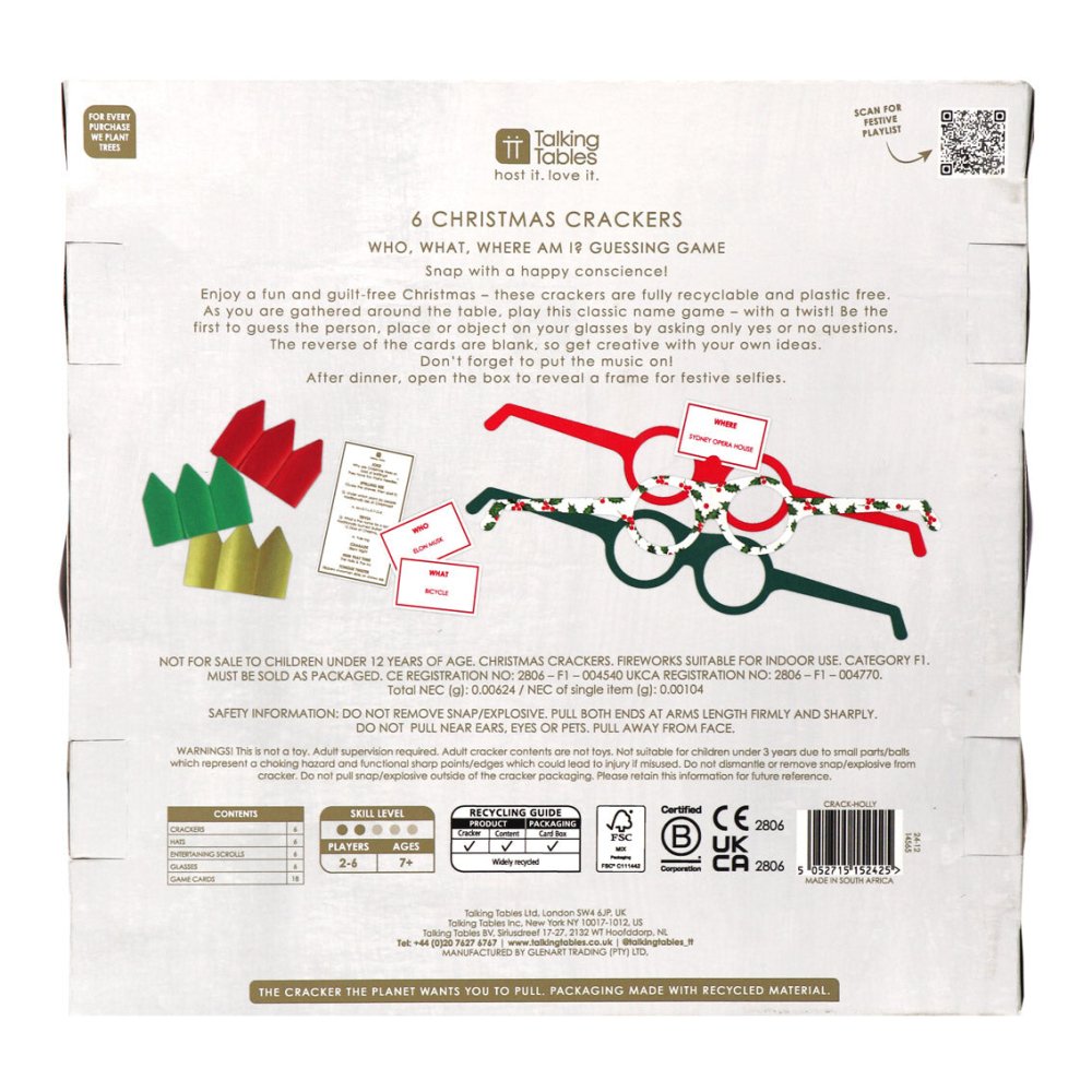 Luxury Eco Crackers - Holly (Set of 6) by Talking Tables - Christmas Cracker Warehouse
