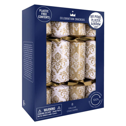 Deluxe Crackers - Damask White & Gold (8 Pack) by Celebration Crackers - Christmas Cracker Warehouse