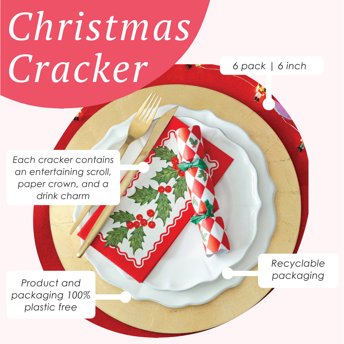 Mini Crackers - Holly Red & White Harlequin (8 Pack)
