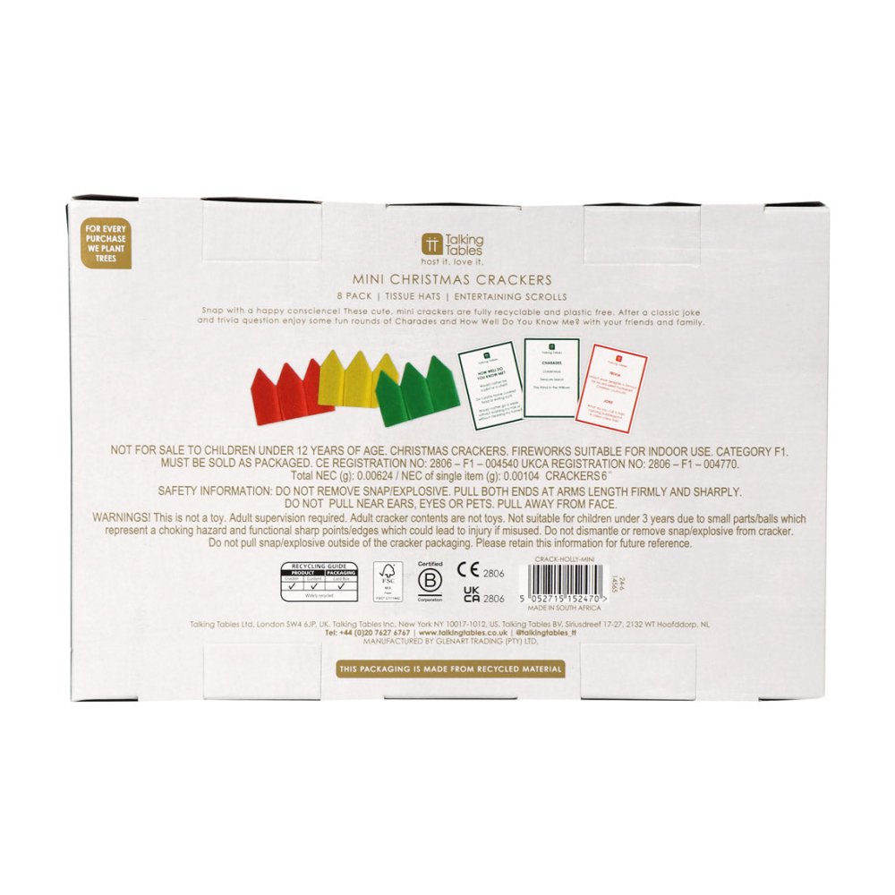 Botanical Holly Mini Crackers (8 Pack) by Talking Tables - Christmas Cracker Warehouse