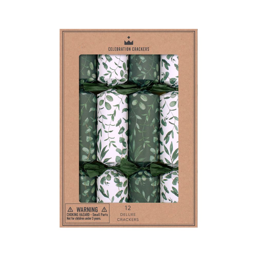 Eucalyptus eco Christmas crackers, 12-pack, green and white christmas crackers with green leaf print