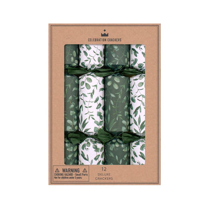 Eucalyptus eco Christmas crackers, 12-pack, green and white christmas crackers with green leaf print