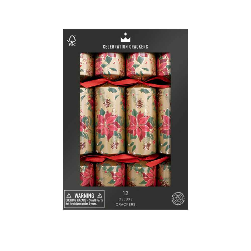 Deluxe Crackers - Poinsettia (12 pack) by Celebration Crackers - Christmas Cracker Warehouse