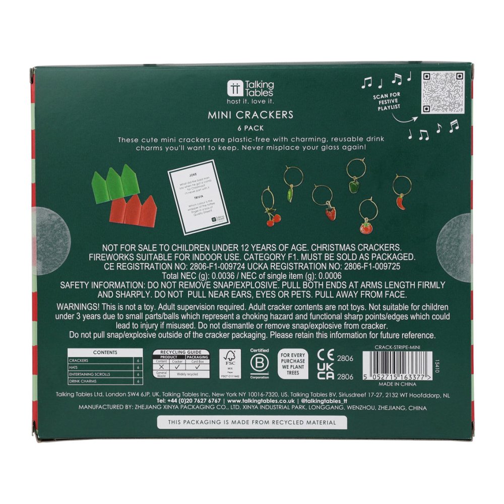 Mini Crackers - Bon Noel Stripe (8 Pack) by Talking Tables - Christmas Cracker Warehouse