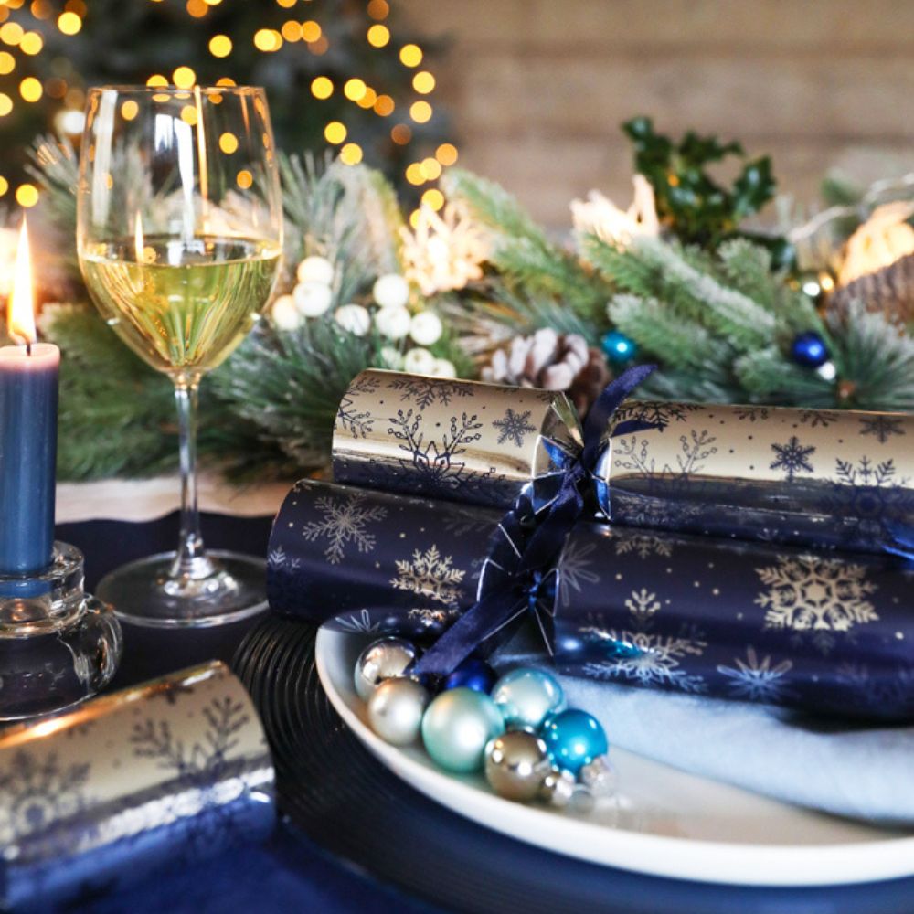 Navy Snowflake Crackers (Box of 50) Pre - Order by Celebration Crackers - Christmas Cracker Warehouse