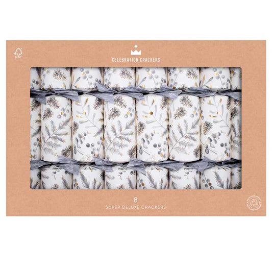 Super Deluxe Crackers - Silver Botanical (Set of 8) by Celebration Crackers - Christmas Cracker Warehouse