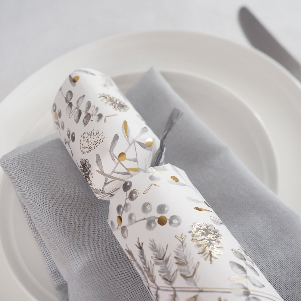 Deluxe Crackers - Silver Botanical (8 Pack) by Celebration Crackers - Christmas Cracker Warehouse