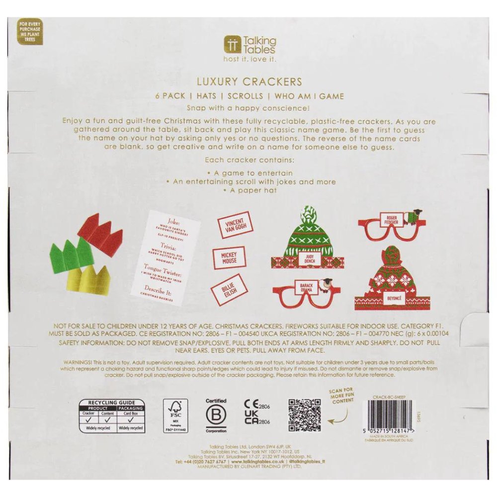 Luxury Eco Crackers - Botanical Sheep (Set of 6) by Talking Tables - Christmas Cracker Warehouse