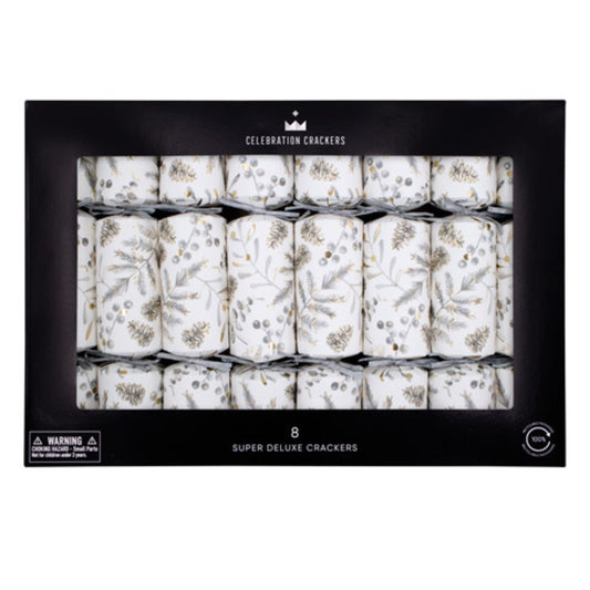 Super Deluxe Crackers - Silver Botanical (Set of 8) by Celebration Crackers - Christmas Cracker Warehouse
